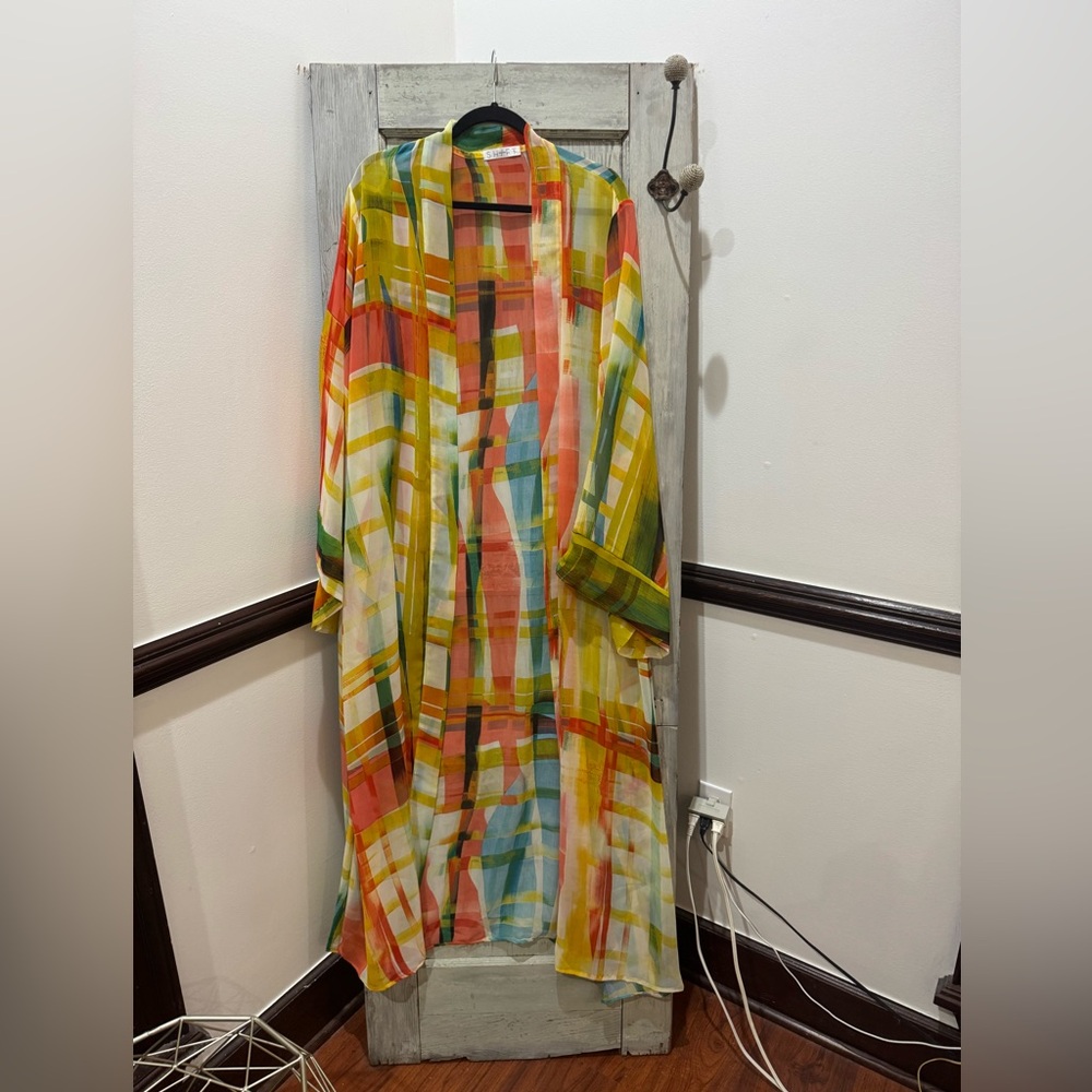 Lightweight Abstract Print Long Kimono Robe - Yellow Multi - Picture 2 of 7